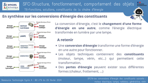 SFC1b-Les conversions d'énergie des constituants suivants : moteur électrique, lampe, radiateur, génératrice, vérin